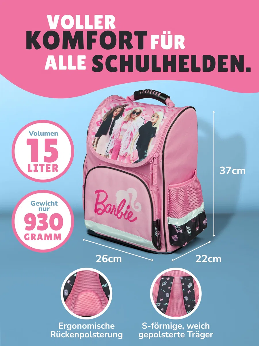 Familando - Schulranzen Set CLOU - 9-teilig mit Sporttasche - Barbie - Ergonomisch, stabil & mit gepolstertem Rücken - 930g leicht - 15L Volumen - Mit Reflektoren - Für Grundschule ab 1. Klasse