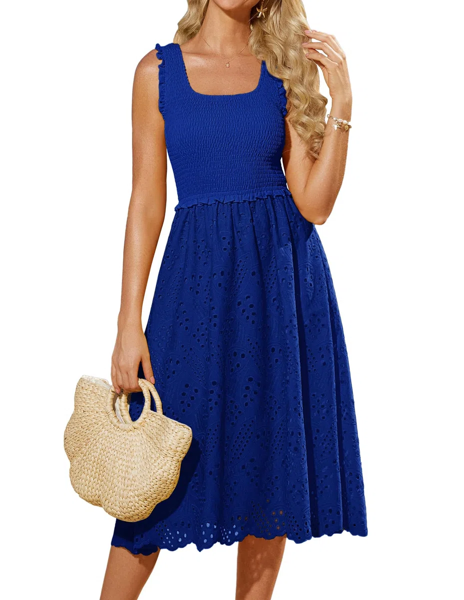 GRACE KARIN Damen Einfarbige Freizeitkleid Leicht Ärmellose Bestickt Kleid Midi A-Linie Sommerkleider mit Taschen