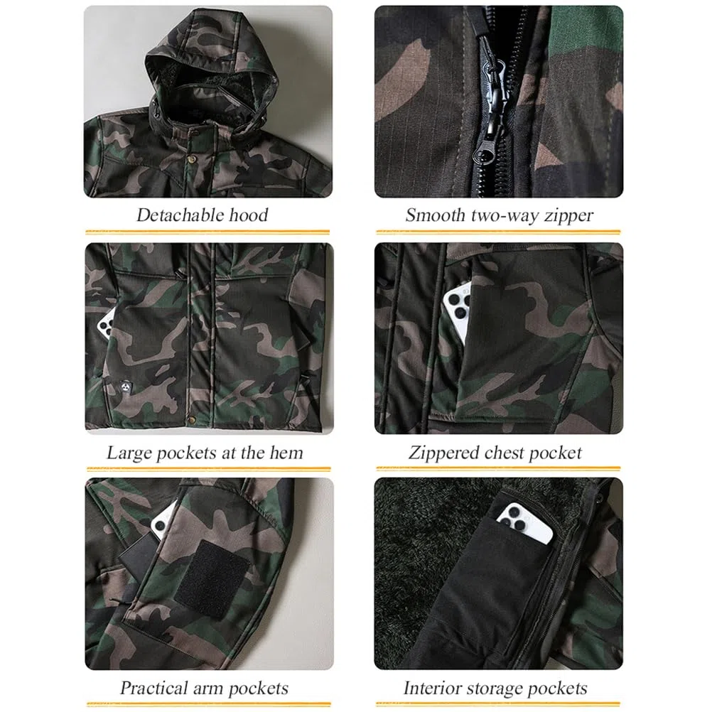 Taktische Jagdjacke und Hose, Winter-Thermo-Fleece, Softshell-Camo, 2-teilige Outdoor-Ausrüstung für kaltes Wetter