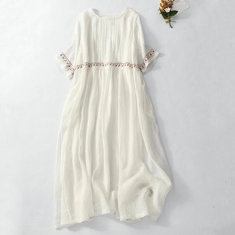 JYHBHMZG Literarisches Retro-Kleid aus Ramie-Locker gestickt Schwingrock lang für Urlaub Kunst