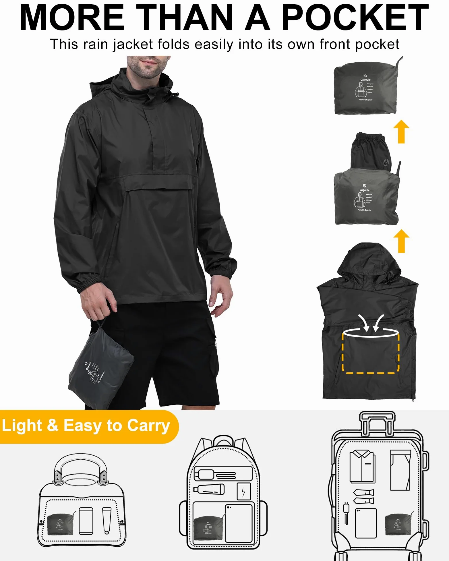 Outdoor Ventures Herren Regenjacke Wasserdichter Pullover mit Kapuze Packbare Reflektierende Jacke Leichte Fahrrad Windjacke Atmungsaktive Softshelljacke für Wandern Laufen Outdoor