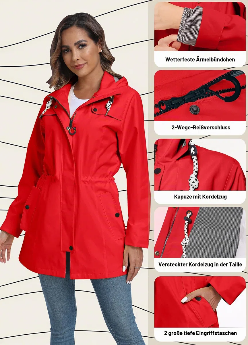 Regenjacke Regenmantel Damen Kapuze Lang Women Rain Jacket Frauen Übergangsjacke Softshelljacke Wasserdicht Trenchcoat Outdoor Schwarz S