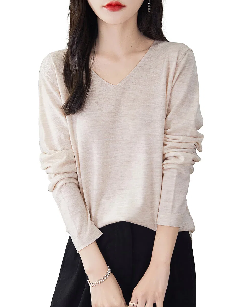 Chanyarn 100% Merino Wolle Shirt Damen Basisschicht V-Ausschnitt Langarm für Reisen Wandern T-Shirt Unterwäsche Oberteil