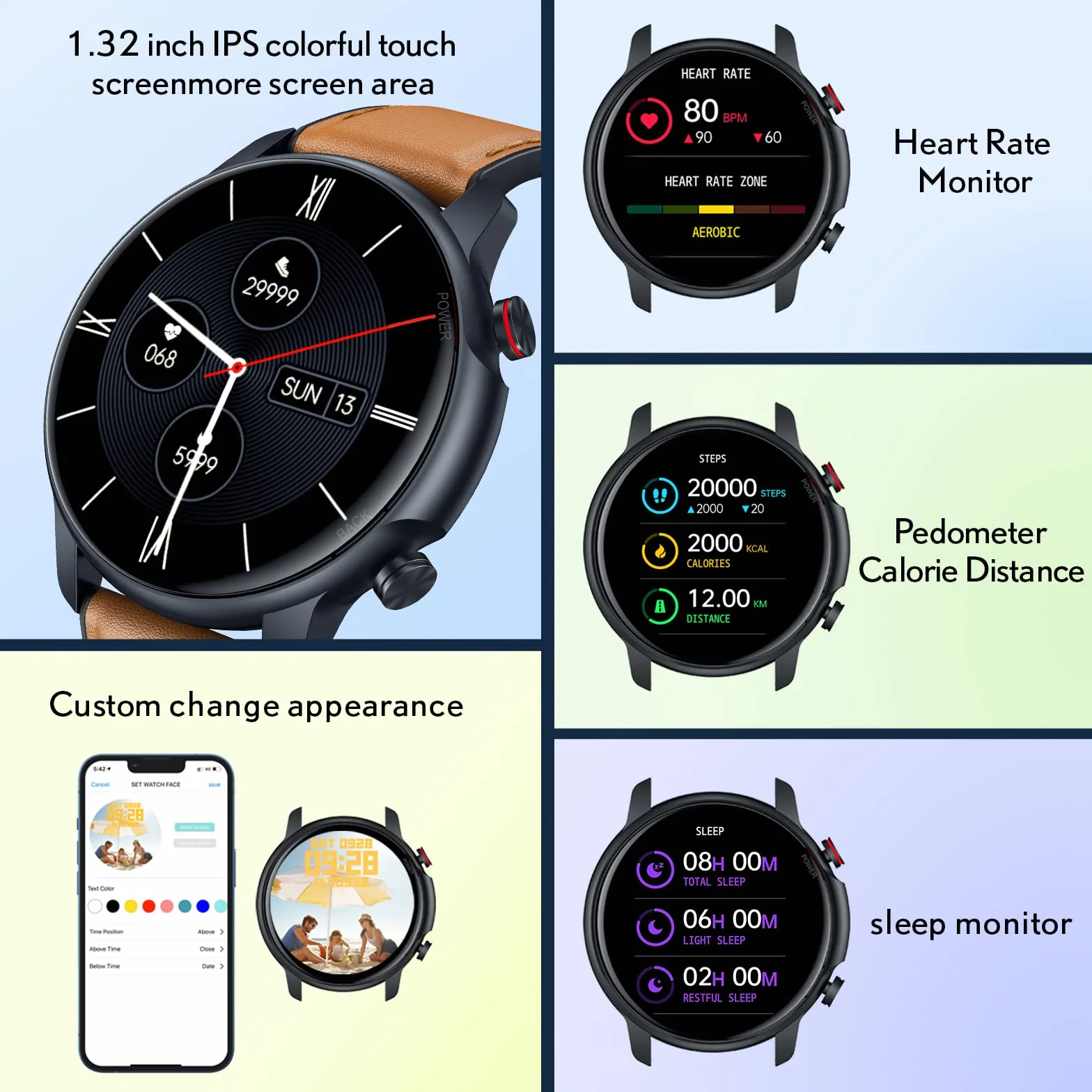 Smartwatch Herren Fitnessuhr Armbanduhr Uhr - 1,32 Zoll Runde Männer Sportuhr Wasserdicht ip68 Schrittzähler Blutdruckmessung Pulsmesser Kalorienzähler Bluetooth Kompatibel Android mit ios (Braun)