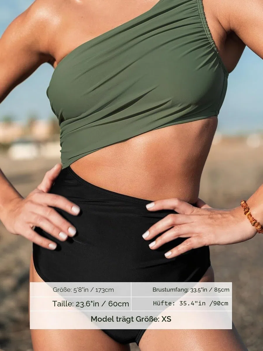 CUPSHE Damen Badeanzug One Shoulder Raffung Farbblock Breite Träger Asymmetrische Einteilige Bademode Swimsuit