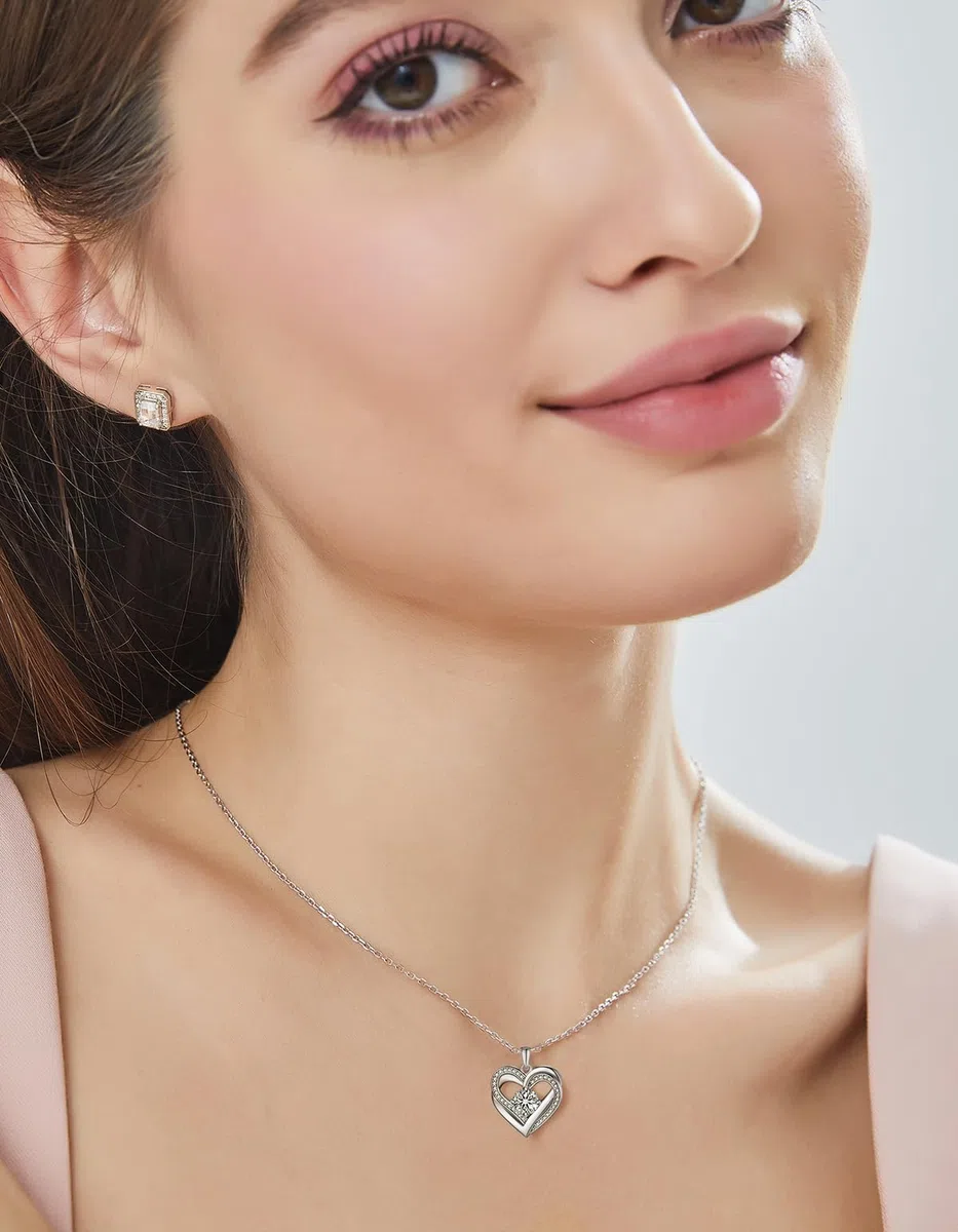 MomentWish Halskette Damen Silber 925, 1 Karat Moissanite Kette Diamant Silberkette mit Herz Anhänger Rosegold Schmuck Geschenk für Frauen Freundin Mama