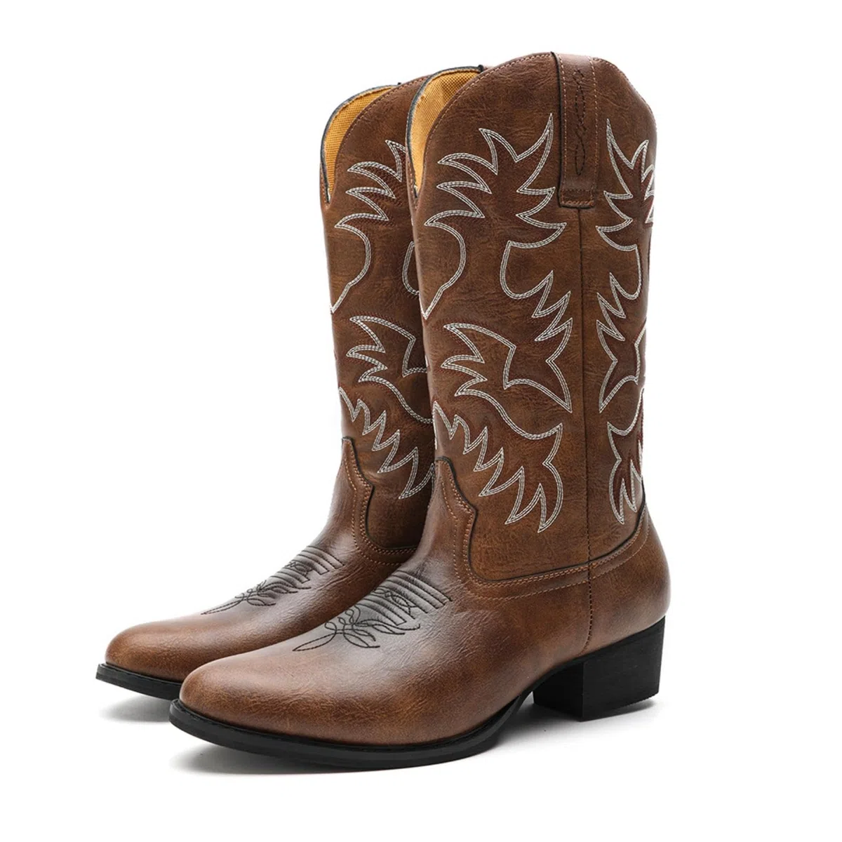 ANUFER Männer Stilvoll Gestickt Cowboy-Stiefel Western Absatz Spitze Zehe Slip-On Stiefel Mit Mittlerer Wade SN071164