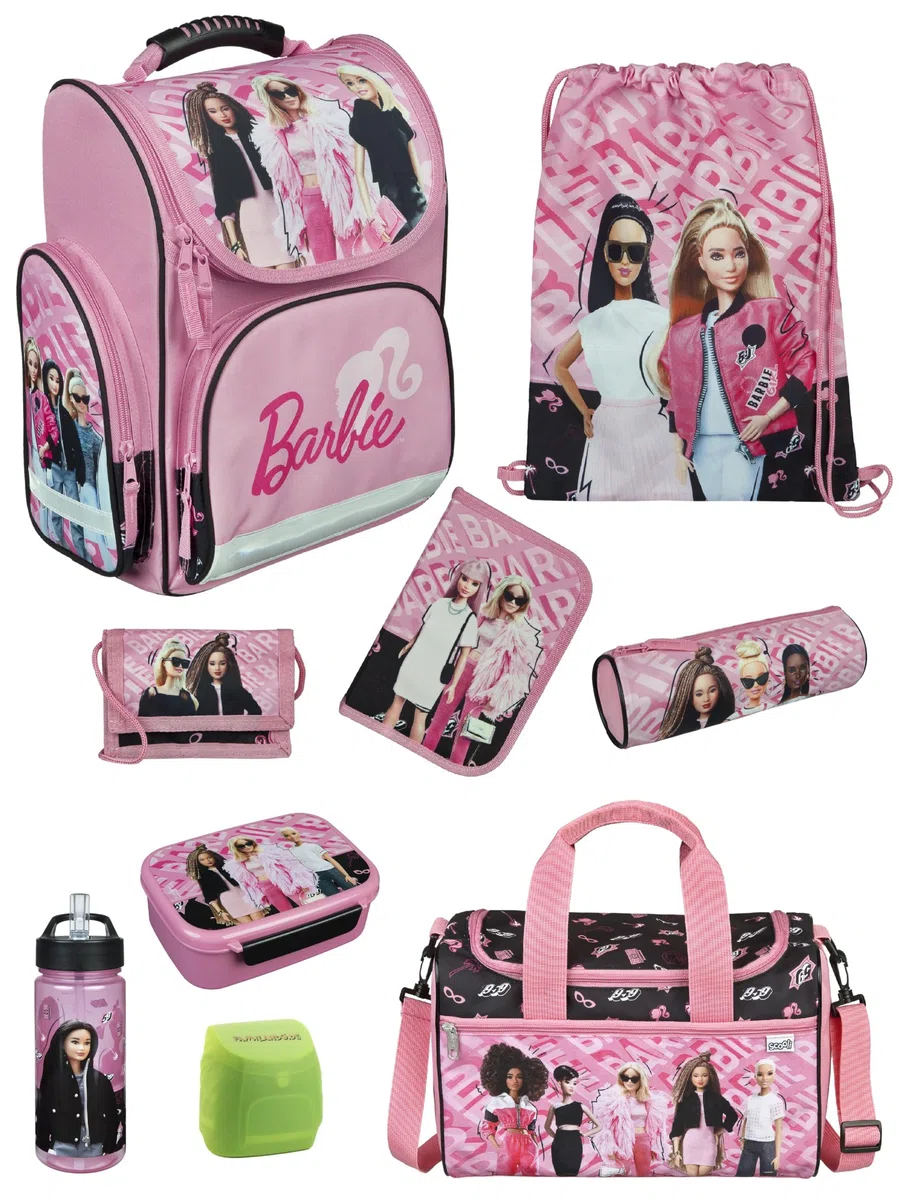Familando - Schulranzen Set CLOU - 9-teilig mit Sporttasche - Barbie - Ergonomisch, stabil & mit gepolstertem Rücken - 930g leicht - 15L Volumen - Mit Reflektoren - Für Grundschule ab 1. Klasse