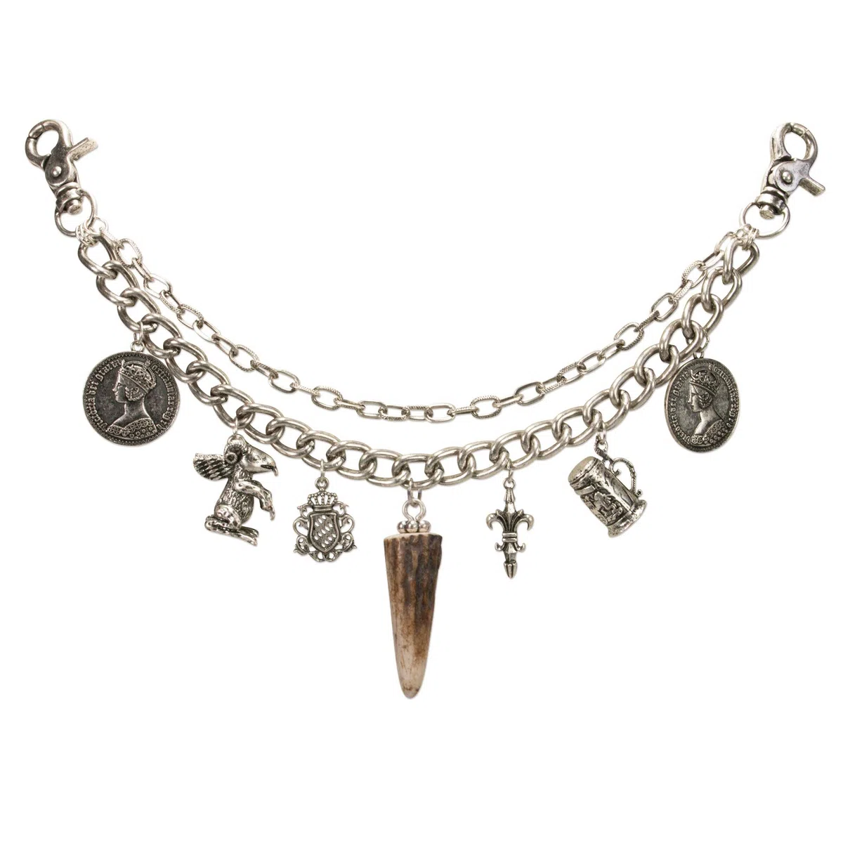 Alpenflüstern Trachten-Charivari Vinzenz - Hochwertiger Herren-Trachtenschmuck mit Trophäen-Anhängern für die Lederhose, echtes Hirschhorn, (antik-silber-farben) HCH021