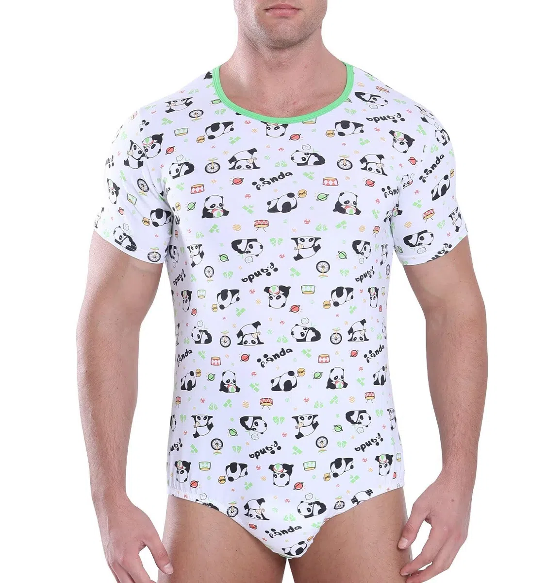 Landofgenie Herren-Einteiler, kurzärmelig, Strampler, Schritt-Shirt, Body, Einteiler, Pyjama, Panda-Druck