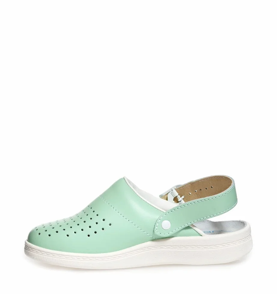Abeba Damen Clog 7090 - the original, Glattleder,mint/weiß, perforiert, zertifiziert, 39