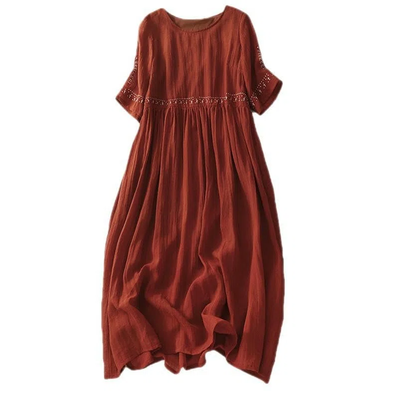 JYHBHMZG Literarisches Retro-Kleid aus Ramie-Locker gestickt Schwingrock lang für Urlaub Kunst