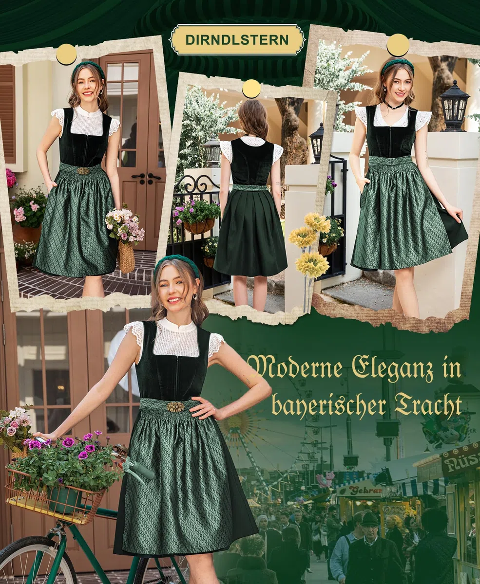 DIRNDLSTERN Damen Trachtenkleid Grün - Trachtenrock Midi Samt Dirndlkleid Oktoberfest Outfit mit Dirndlschürzen