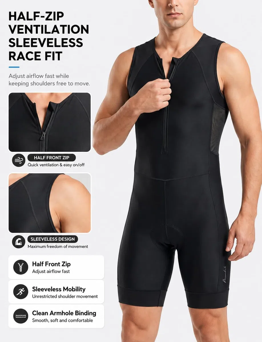 Przewalski Herren Triathlon Anzug Ärmellos Trisuit mit Polster Half-Zip 2 Rückentaschen für Swim Bike Run