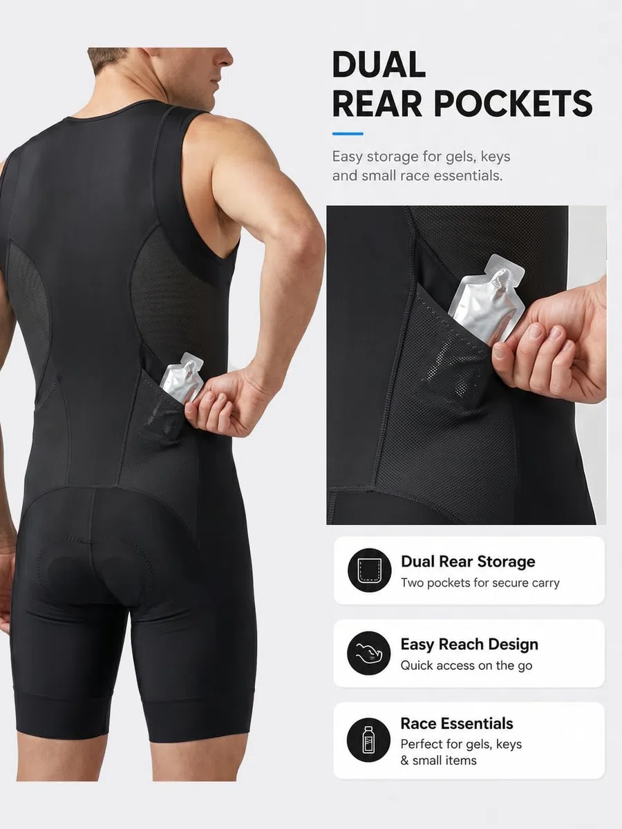 Przewalski Herren Triathlon Anzug Ärmellos Trisuit mit Polster Half-Zip 2 Rückentaschen für Swim Bike Run