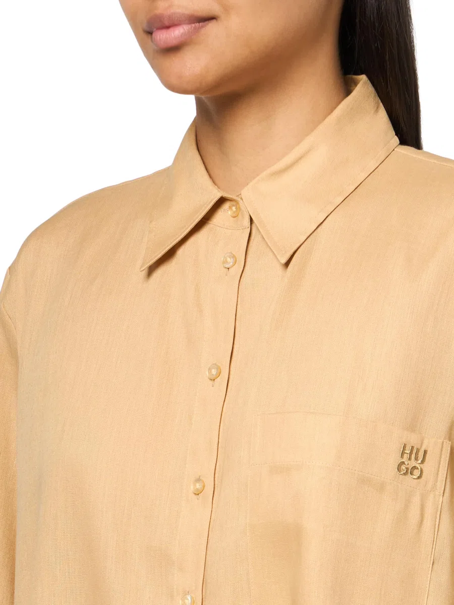 HUGO Damen Short Sleeve Button Down Linen Blend Shirt Kurzärmeliges Hemd mit Knopfleiste aus Leinen-Mischgewebe (1er Pack)