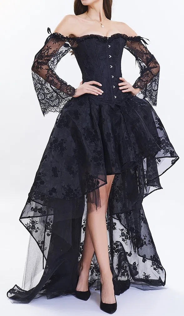 EUDOLAH Damen Schwarz Korsagen Gothic Taille Korset Lang Hauch Bluse Mini Korsett kurz Party Steampunk inkl. und Korsett Top