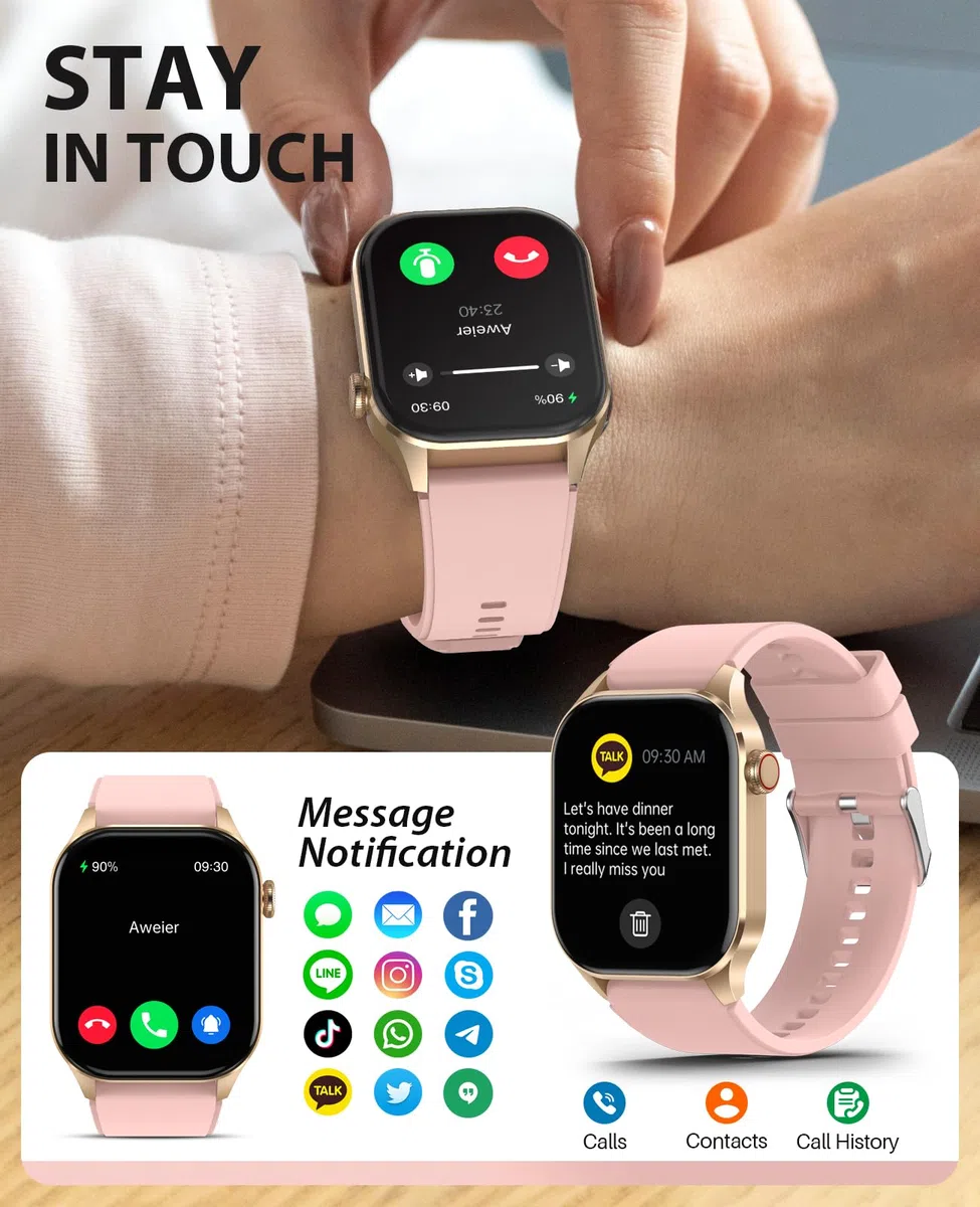 SOUYIE Smartwatch Damen mit Telefonfunktion, 2.04” AMOLED Touchscreen IP68 Wasserdicht Sportuhr mit Blutdruckmessung Pulsmesser Schlafmonitor SpO2 Menstruationszyklus, Uhren für iOS Android