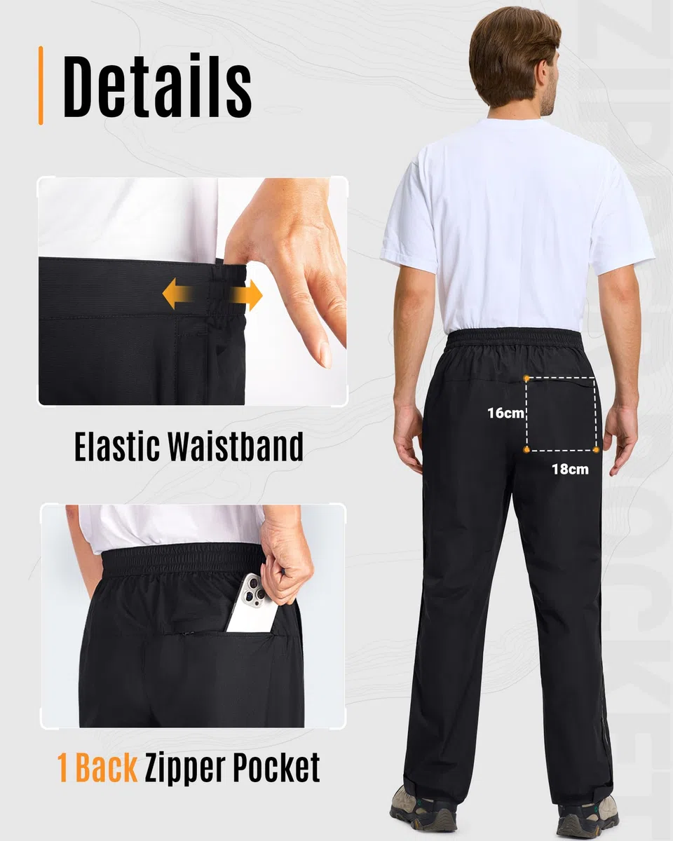 33,000ft Regenhose Herren Wasserdicht Full Zip Wanderhose, Atmungsaktiv 2-Lagen Überziehhose Fahrrad Hose, Winddicht Outdoorhose Funktionshose Schwarz XXL Kurz
