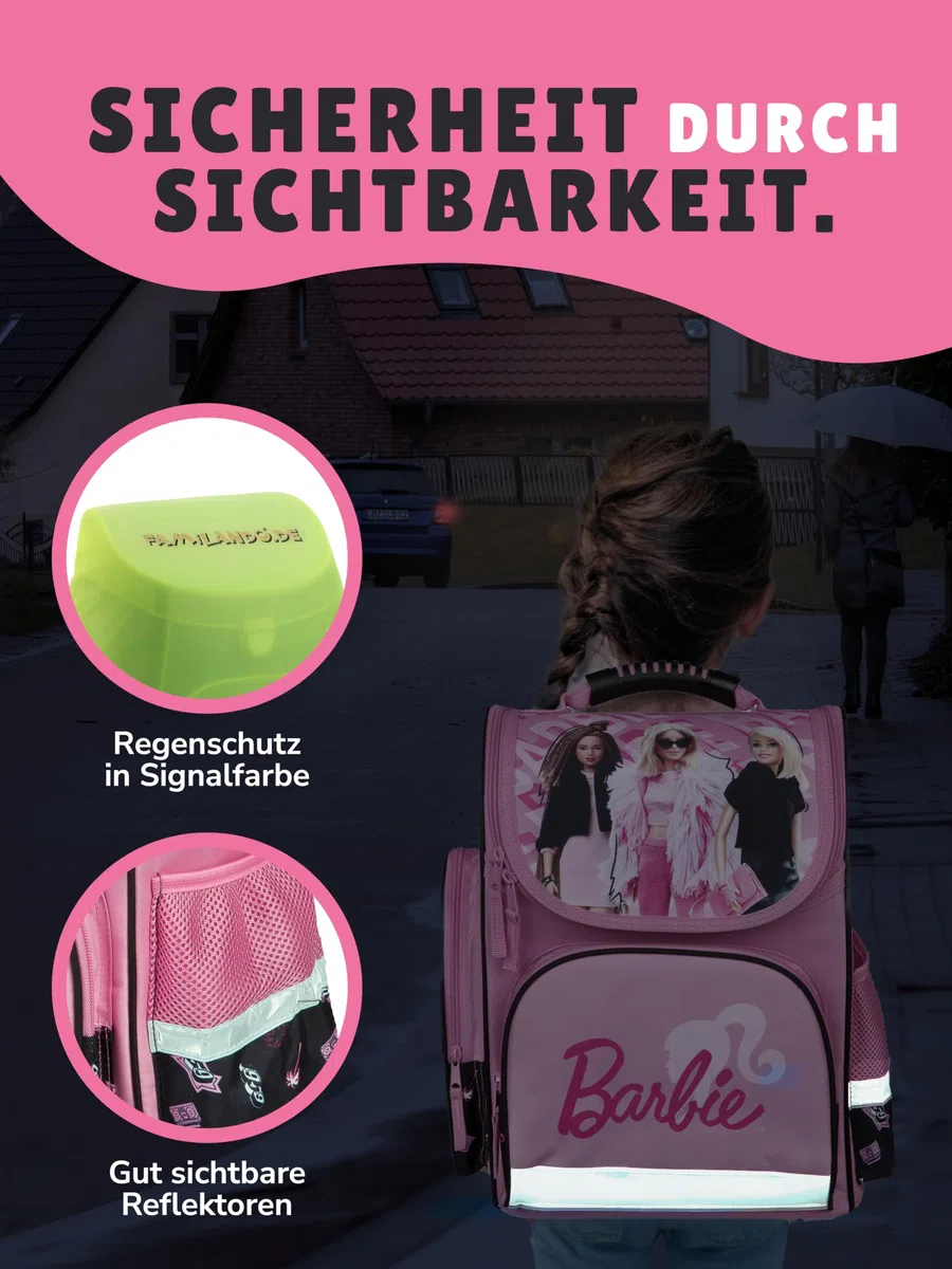 Familando - Schulranzen Set CLOU - 9-teilig mit Sporttasche - Barbie - Ergonomisch, stabil & mit gepolstertem Rücken - 930g leicht - 15L Volumen - Mit Reflektoren - Für Grundschule ab 1. Klasse