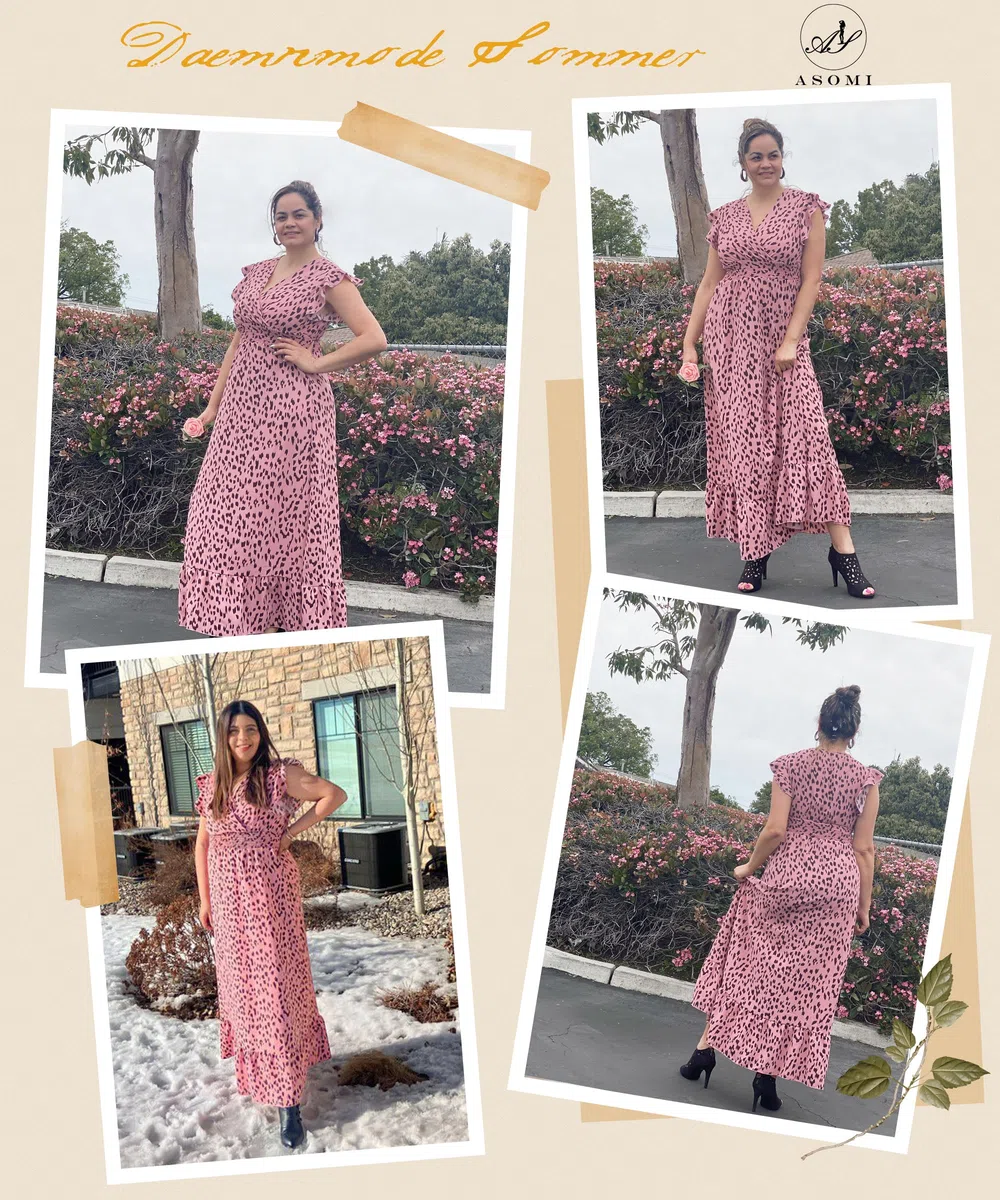 ASOMI Damen Kleider Langes Blumen: Hochzeit Strandkleid Boho Sommerkleid Lässig Wickelkleid Elegant Cocktailkleid Partykleid Swing V-Ausschnitt Kurz Flügelärmel Rüschen Maxikleid