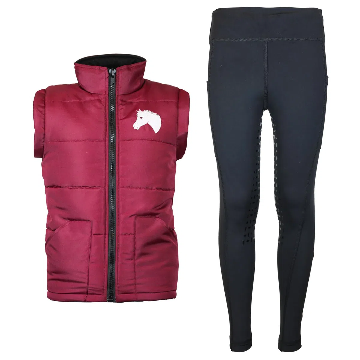 Reitset Kinder Reitweste Mia Maroon gesteppt mit Silikon-Vollbesatz Reitleggings Schwarz