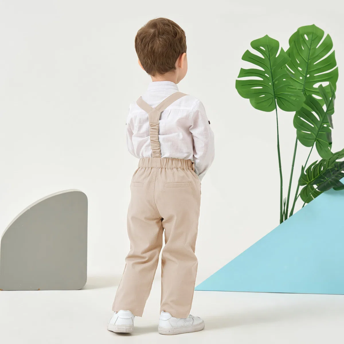 Volunboy Baby Jungen Anzug, Kinder Leinen Langarm Hemd mit Fliege + Hosenträger Hosen 4 Stück Anzug