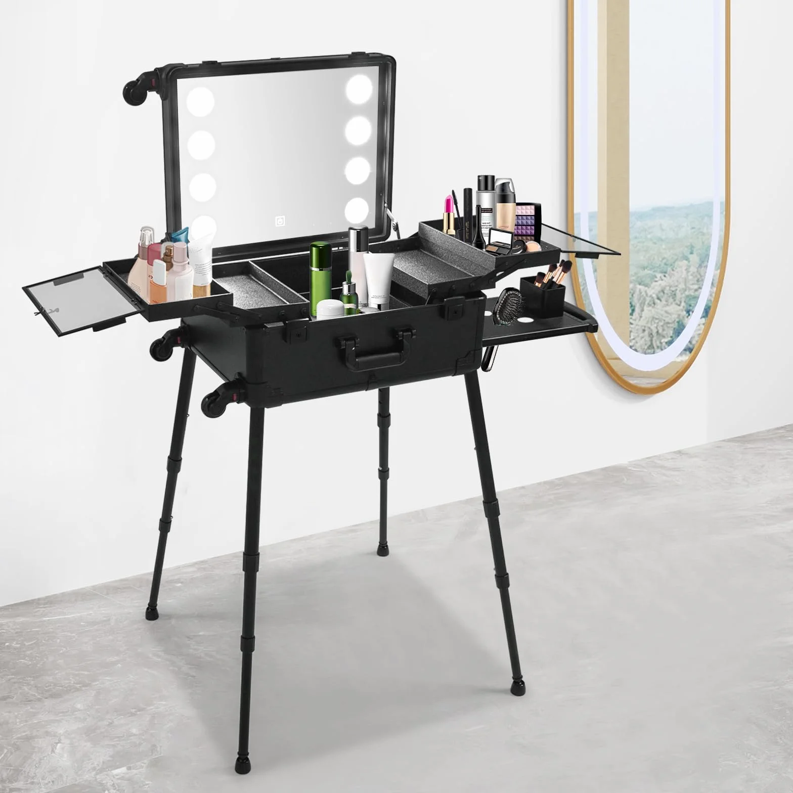 Profi Kosmetikkoffer Trolley, Multifunktional Schminkkoffer, Make Up Koffer mit Spiegel und LED Licht, Friseurkoffer mit Kardanisch & Verstellbare Beine