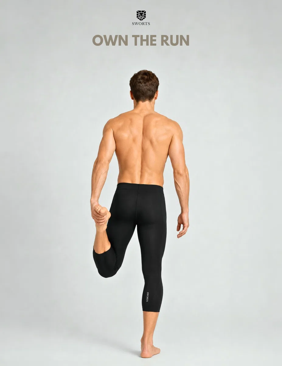 OWN Lauftights Herren · 3/4 Leggings Sport aus Premium Dry-Breathe Faser · Capri Kompressions Laufhose