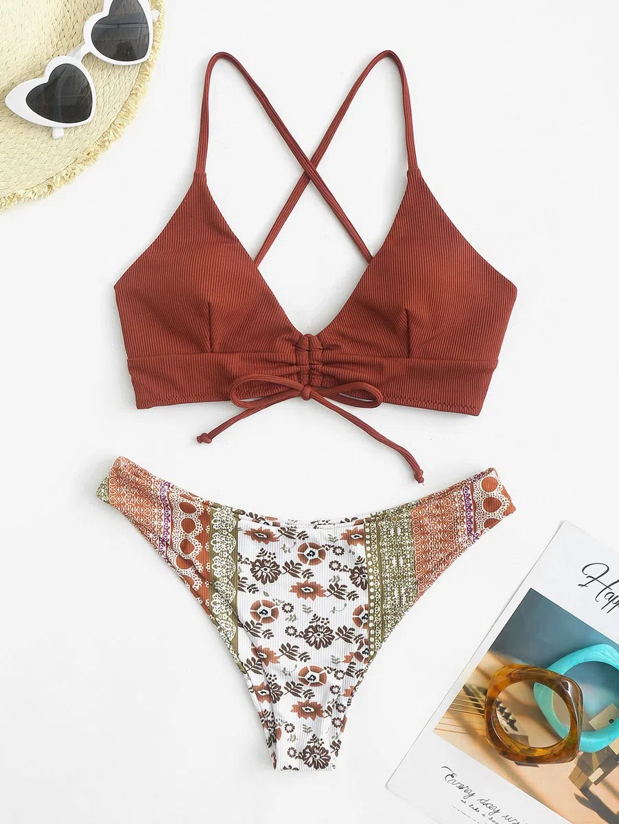 ZAFUL Damen Zweiteilig Bikini-Set mit verstellbarem BH Push-Up Rücken, Triangle Bustle Badehose mit Blummenmuster