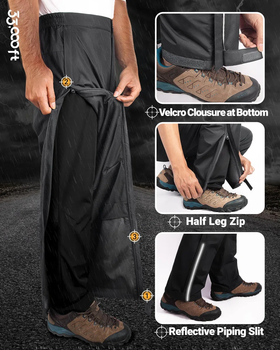 33,000ft Regenhose Herren Wasserdicht Full Zip Wanderhose, Atmungsaktiv 2-Lagen Überziehhose Fahrrad Hose, Winddicht Outdoorhose Funktionshose Schwarz XXL Kurz
