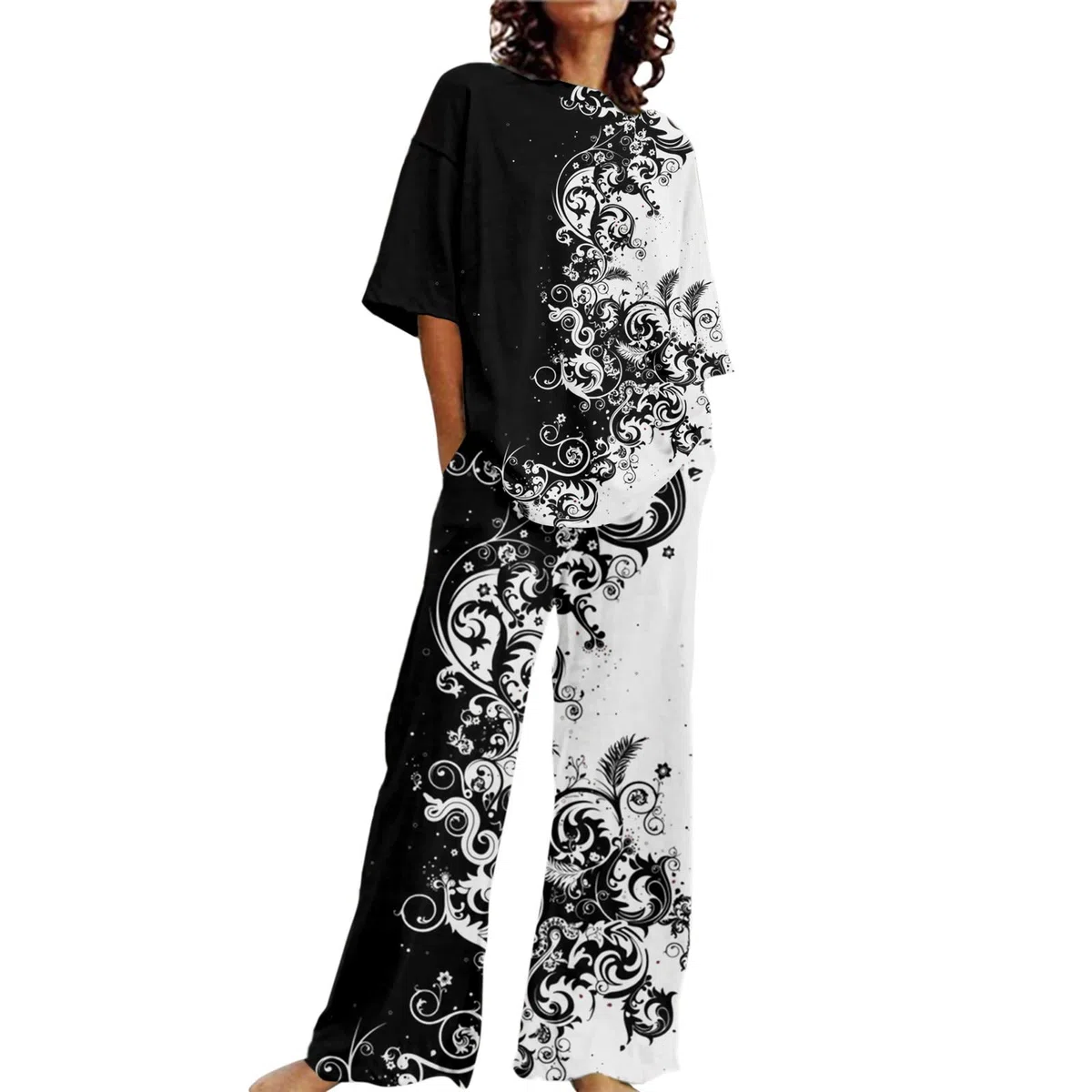 Zweiteiler Damen, Zweiteiler Damen Sommer Outfits Blumen Druck Kurzarm Tshirt Oberteile Lange Hosen Set Baggy Breite Beine Set 2 Teiler Damen Sommer Lang Leicht Hosenanzug Hausanzug