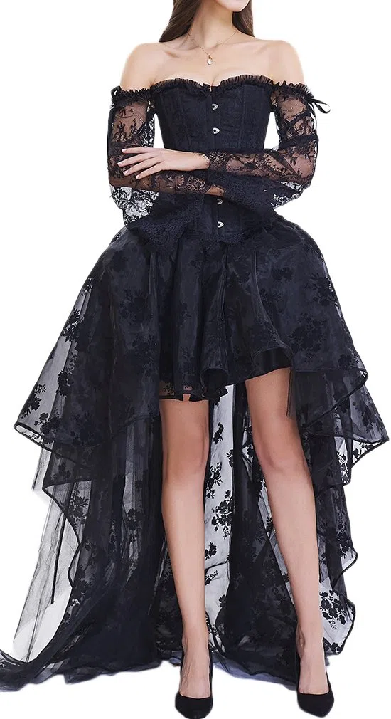EUDOLAH Damen Schwarz Korsagen Gothic Taille Korset Lang Hauch Bluse Mini Korsett kurz Party Steampunk inkl. und Korsett Top
