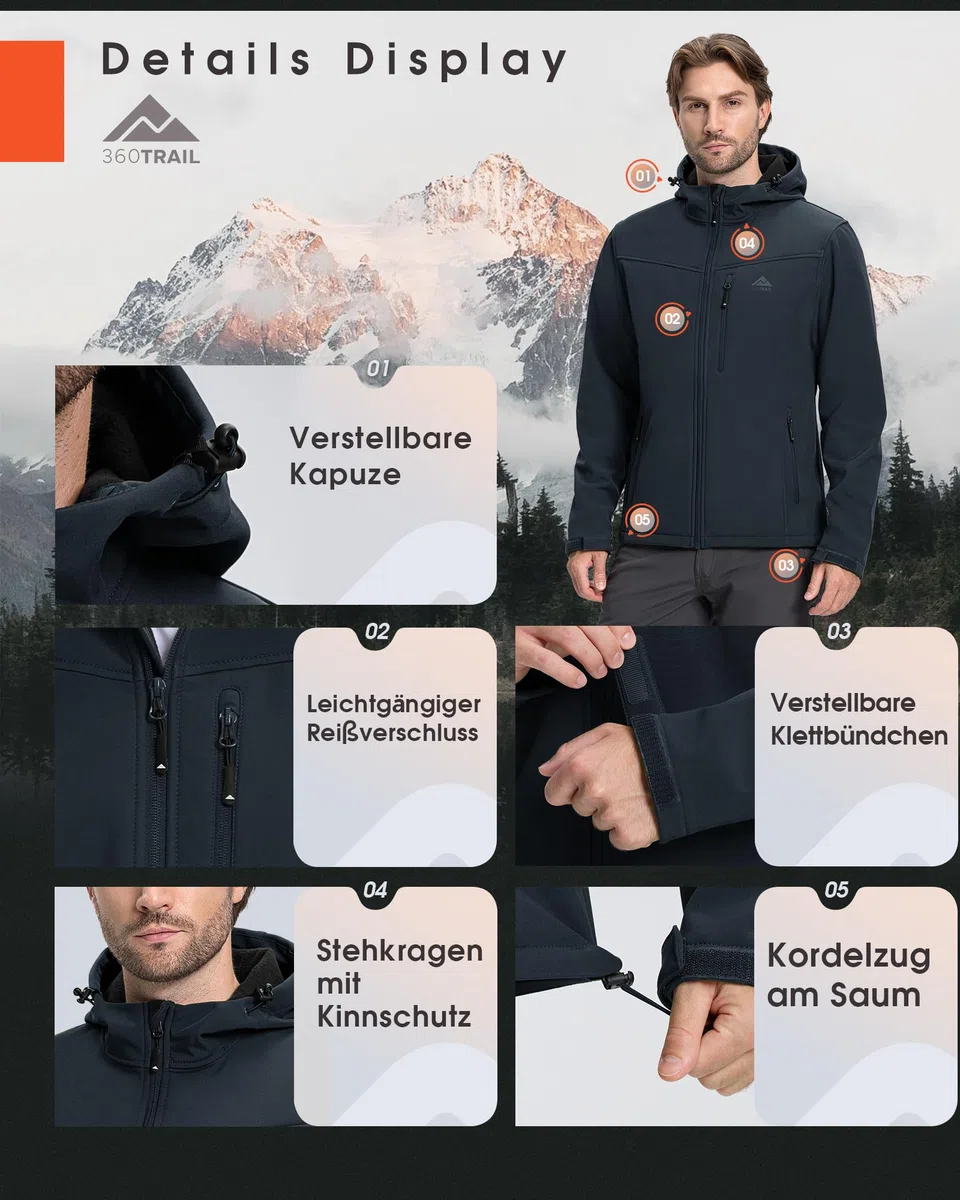 Softshelljacke Herren Wasserdicht Übergangsjacke Atmungsaktive Regenjacke Outdoorjacke Wanderjacke Funktionsjacke mit kapuze