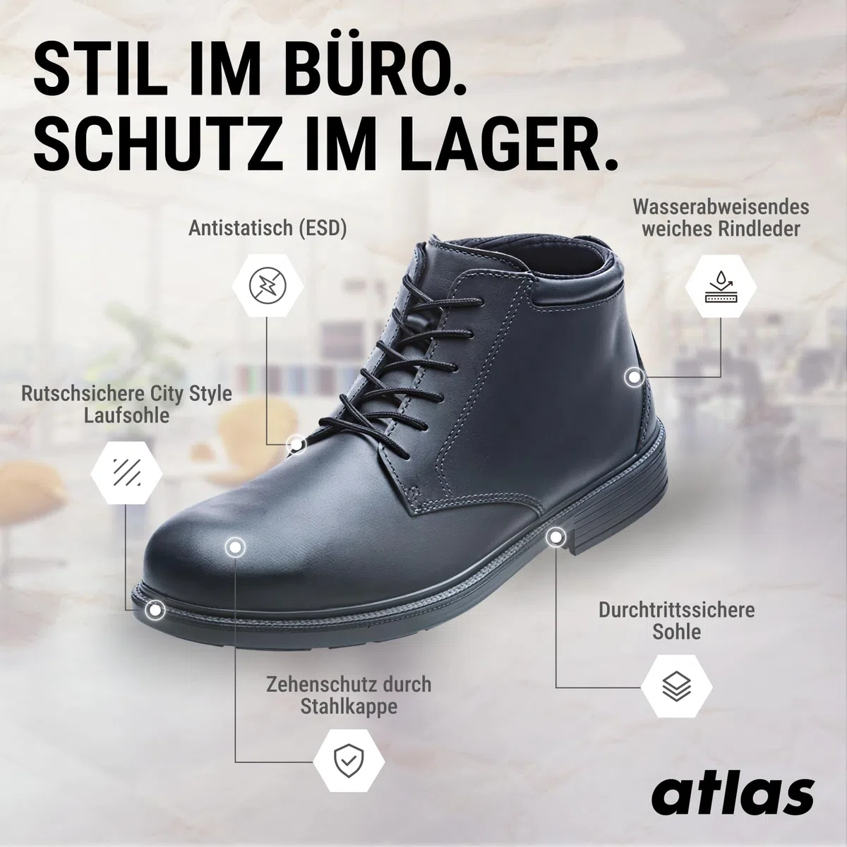 Atlas CX 545 S3 ESD Sicherheitsschuhe knöchelhoch, Business-Look mit Stahlkappe, durchtrittsicher, wasserabweisend, Weite 10, Größe 42