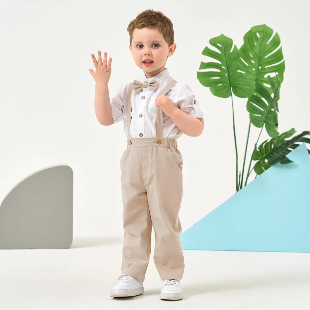 Volunboy Baby Jungen Anzug, Kinder Leinen Langarm Hemd mit Fliege + Hosenträger Hosen 4 Stück Anzug