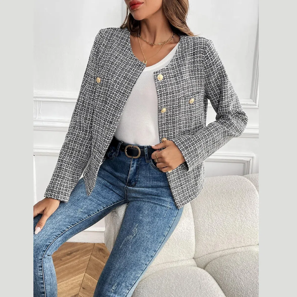 Damen Tweed Blazer Jacke – Langarm, Große, Rundhals, Business Casual Mantel, Chic und Komfortabel für Jede Gelegenheit