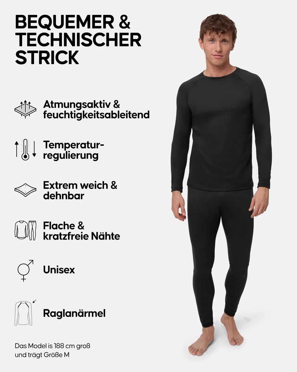 DANISH ENDURANCE Unisex Thermounterwäsche (1er|2er Pack), Funktionsunterwäsche Set, 100% Recycelte Materialien, Skiunterwäsche, Lange Unterhose & Langarmshirt, Extrem Weich & Warm, für Damen & Herren
