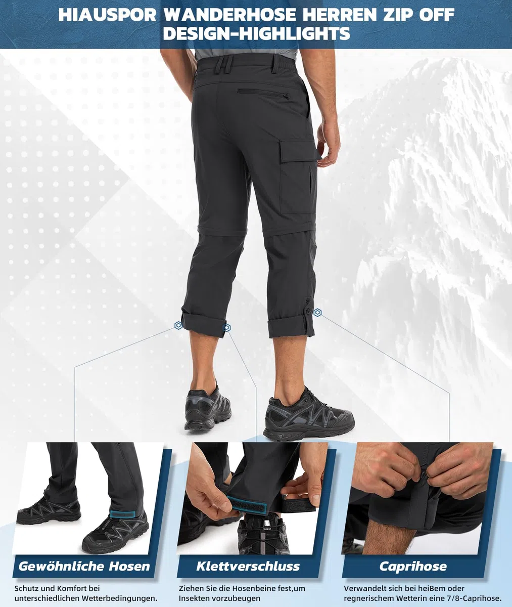Hiauspor Wanderhose Herren Zip-Off Atmungsaktiv: Outdoor Softshellhose Nylon-Spandex Leicht Schnell Trocknend Sommer mit 5 Tiefen Taschen