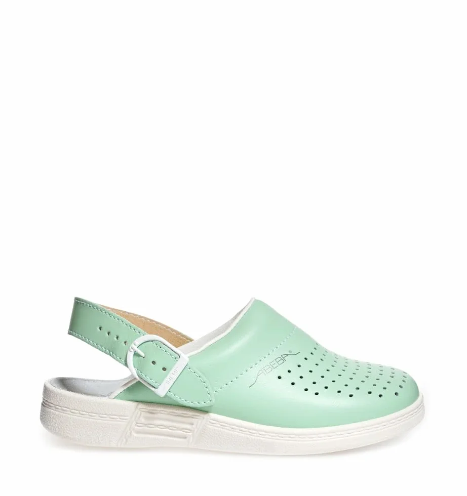 Abeba Damen Clog 7090 - the original, Glattleder,mint/weiß, perforiert, zertifiziert, 39