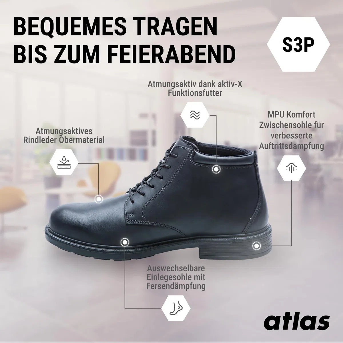 Atlas CX 545 S3 ESD Sicherheitsschuhe knöchelhoch, Business-Look mit Stahlkappe, durchtrittsicher, wasserabweisend, Weite 10, Größe 42