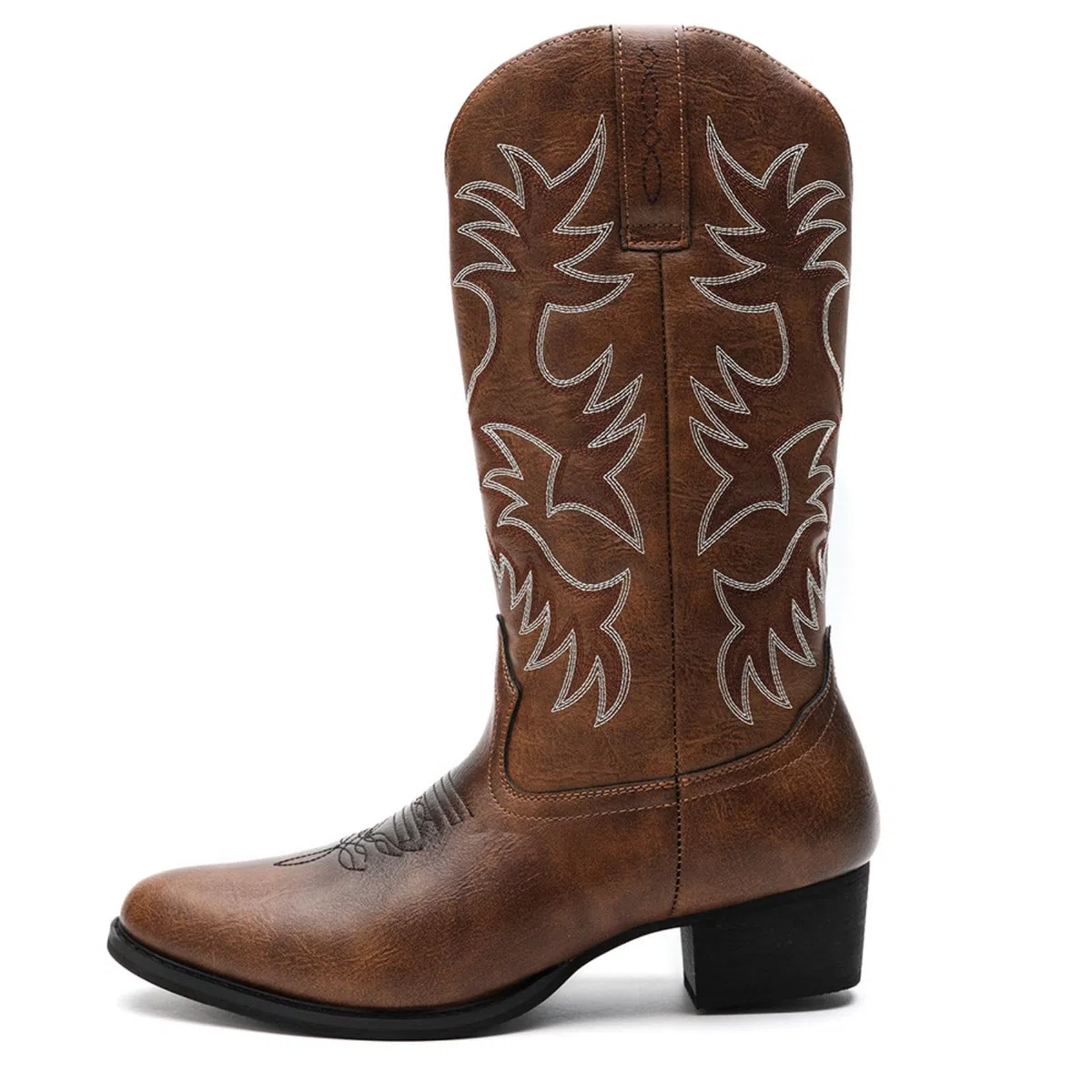 ANUFER Männer Stilvoll Gestickt Cowboy-Stiefel Western Absatz Spitze Zehe Slip-On Stiefel Mit Mittlerer Wade SN071164