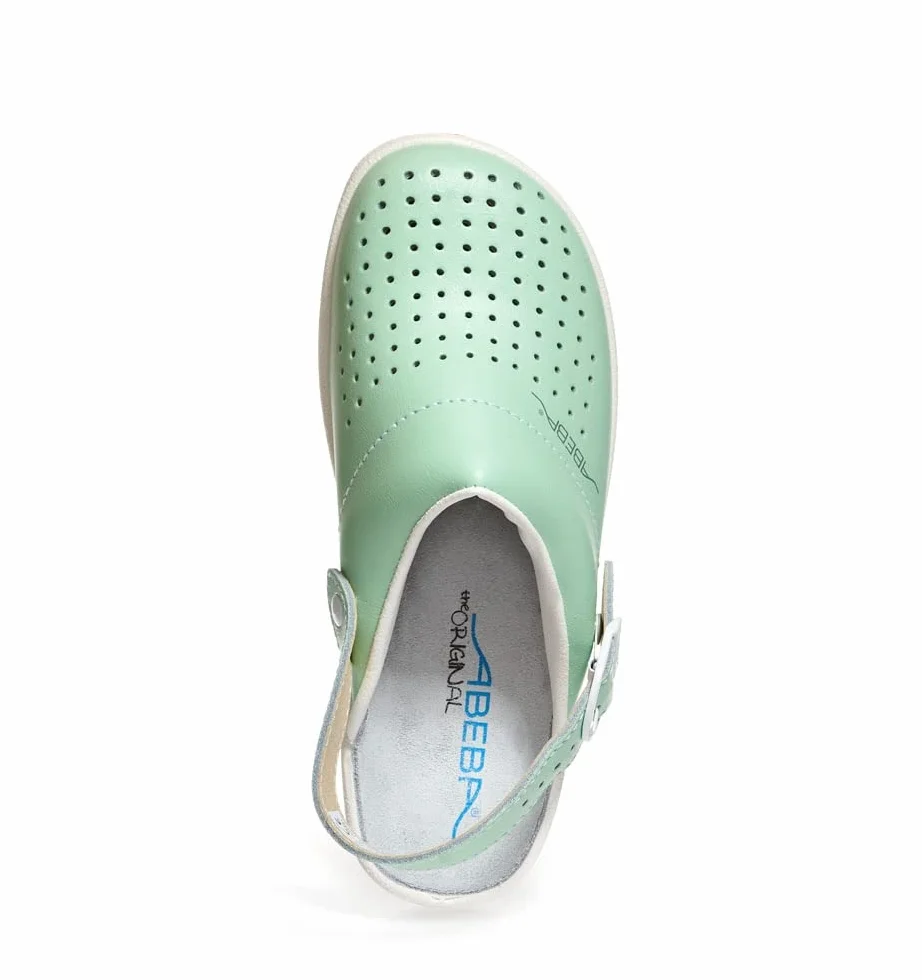 Abeba Damen Clog 7090 - the original, Glattleder,mint/weiß, perforiert, zertifiziert, 39