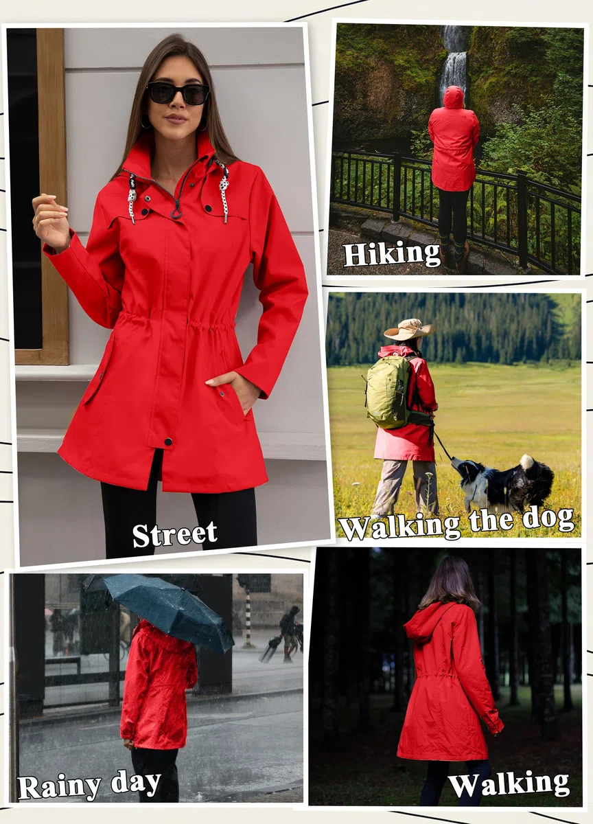 Regenjacke Regenmantel Damen Kapuze Lang Women Rain Jacket Frauen Übergangsjacke Softshelljacke Wasserdicht Trenchcoat Outdoor Schwarz S