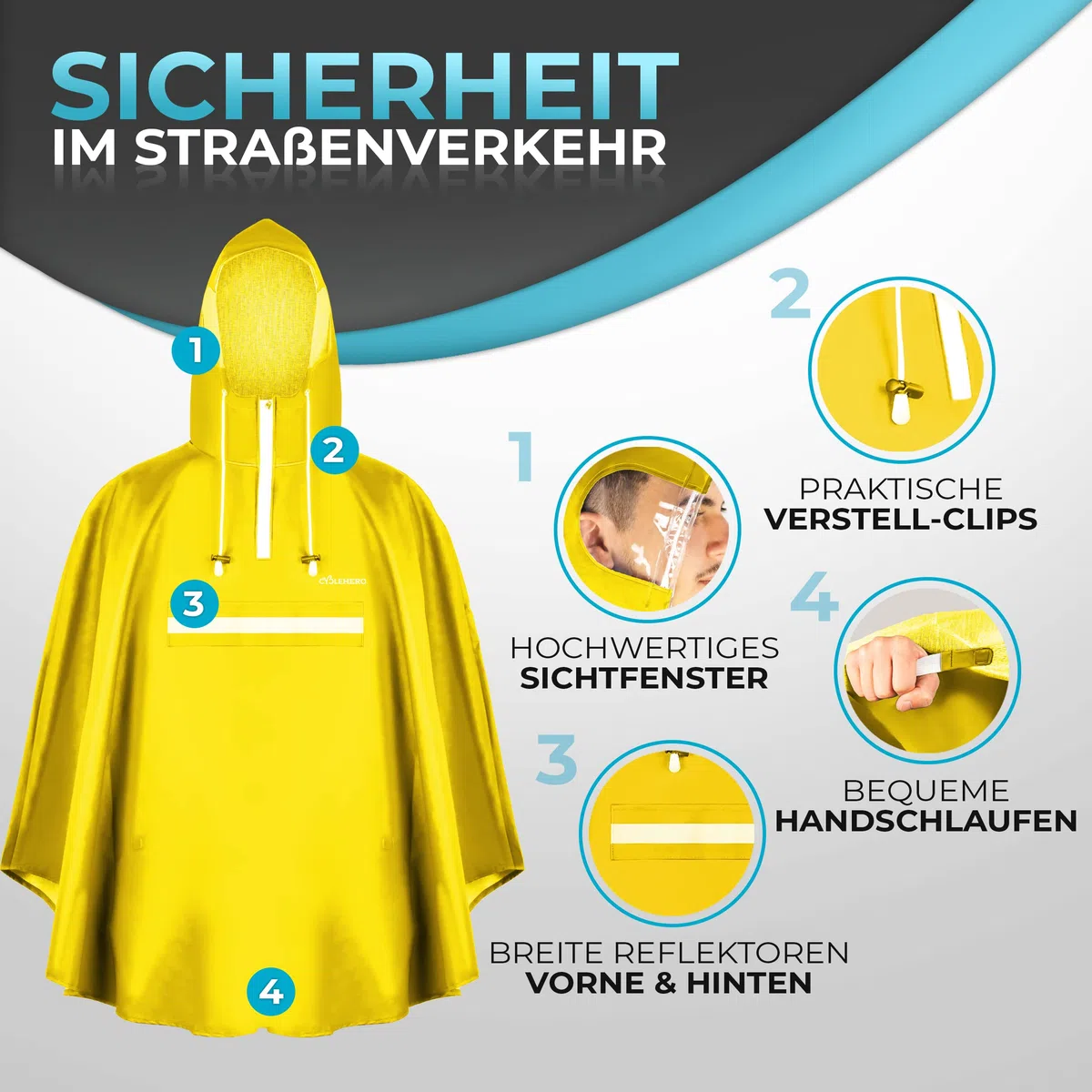 Premium Regenponcho Fahrrad wasserdicht SEHR GUT GETESTET - Regencape Fahrrad mit Reflektoren und Sichtfenster - Fahrrad Regenbekleidung als Regenponcho Damen und Herren wasserdicht