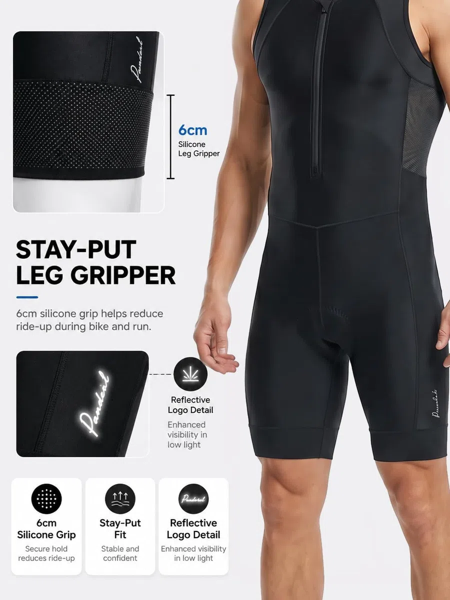 Przewalski Herren Triathlon Anzug Ärmellos Trisuit mit Polster Half-Zip 2 Rückentaschen für Swim Bike Run