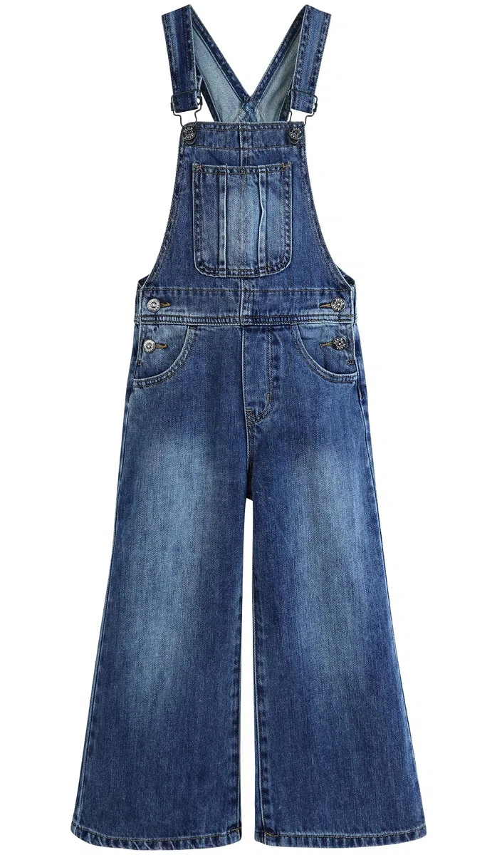 KIDSCOOL SPACE Jeans-Overalls für Mädchen, kleine große Kinder, weites Bein, elastische Innen-Jeans-Latzhose, ausgestellte Hose