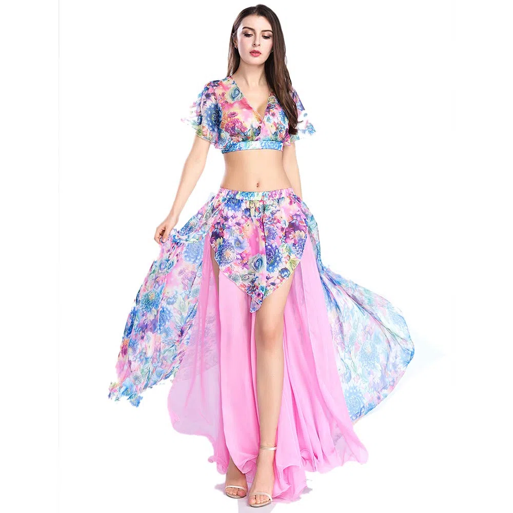 ROYAL SMEELA Bauchtanz Rock Bauchtanz Oberteil Anzug Sexy Bauchtanz kostüm Damen Performance Kleider Blumen Chiffon Tanzen Tops Röcke Tanz Outfit Set für Frauen Tanzkostüm Röcke Oberteil Tanzanzug