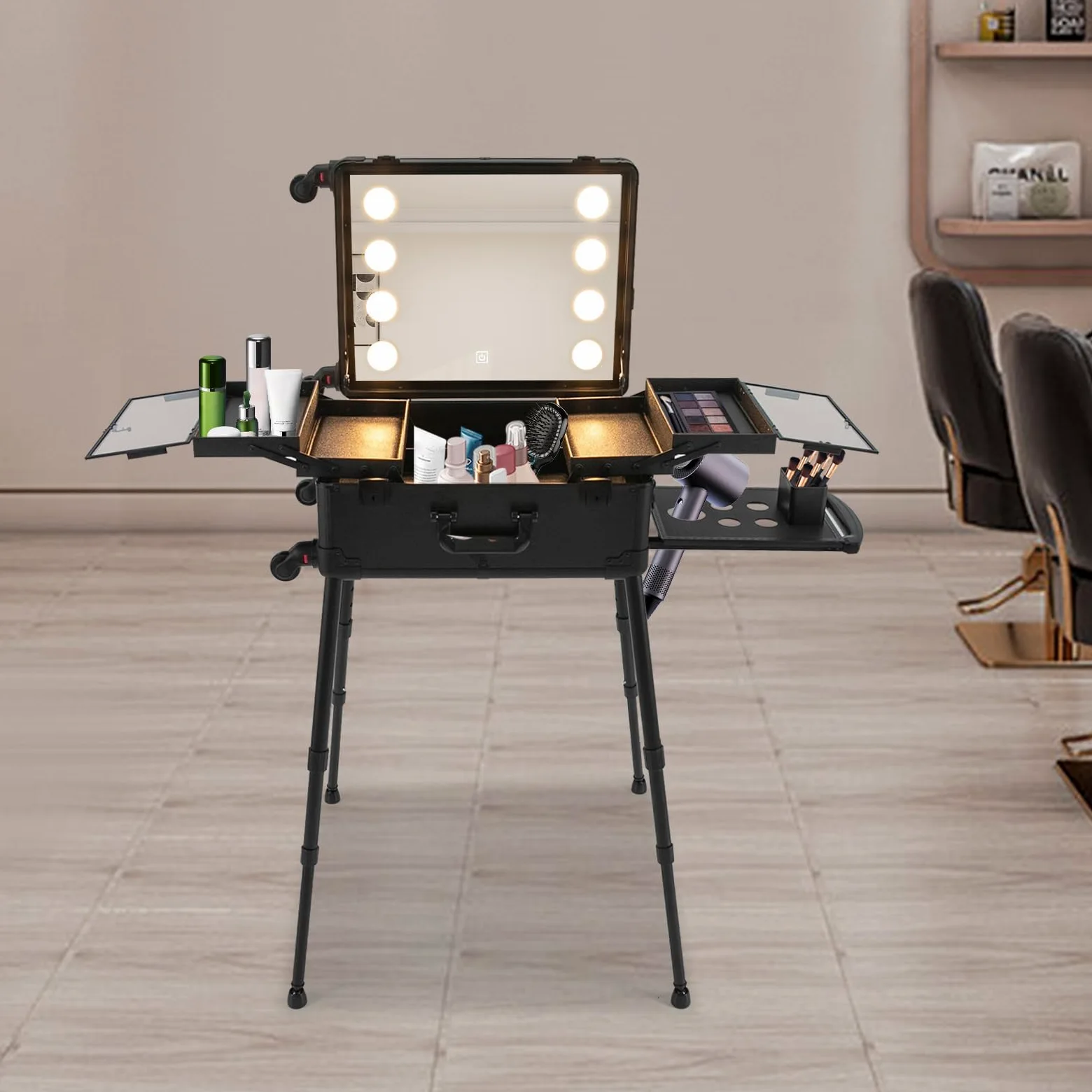 Profi Kosmetikkoffer Trolley, Multifunktional Schminkkoffer, Make Up Koffer mit Spiegel und LED Licht, Friseurkoffer mit Kardanisch & Verstellbare Beine