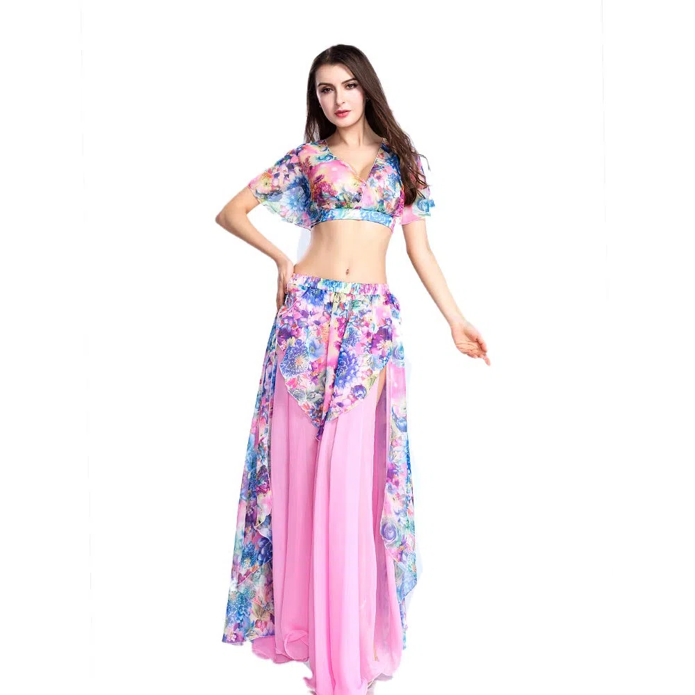ROYAL SMEELA Bauchtanz Rock Bauchtanz Oberteil Anzug Sexy Bauchtanz kostüm Damen Performance Kleider Blumen Chiffon Tanzen Tops Röcke Tanz Outfit Set für Frauen Tanzkostüm Röcke Oberteil Tanzanzug
